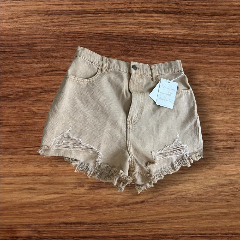 NWT Mumu Denim Shorts Distressed Frayed Hem High Waist Casual Tan Sz 29 6/8